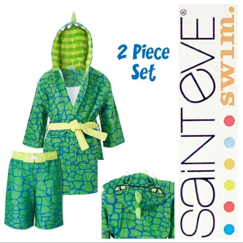 NEW! NWT SAINT EVE Boys Youth Dinosaur Beach CoverUp Robe & Swimsuit 2 Piece Set